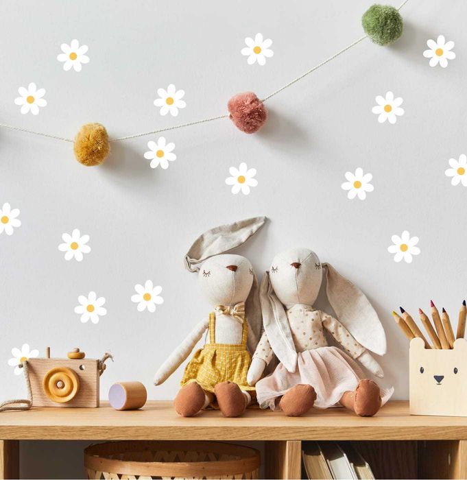 Naklejki na ścianę – Białe Kwiaty Stokrotki 10 cm | Zestaw 45 szt.