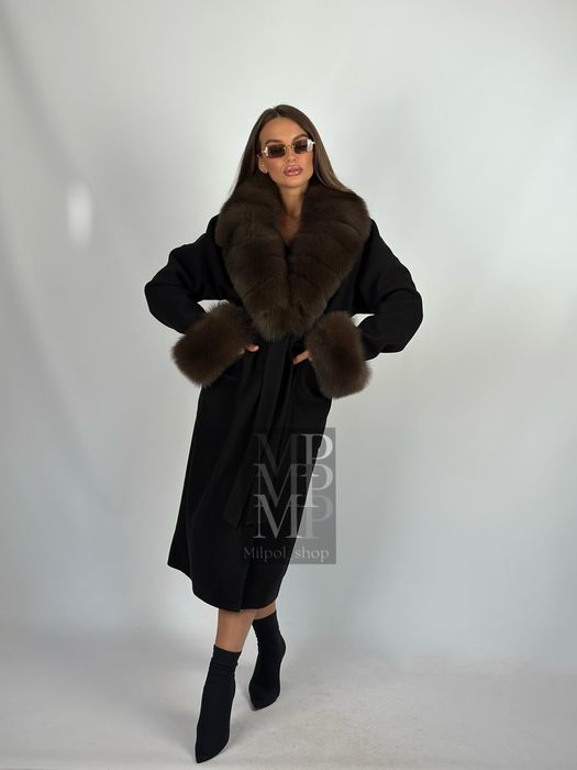 Женское кашемировое пальто с натуральным мехом песца, 42-56 размеры