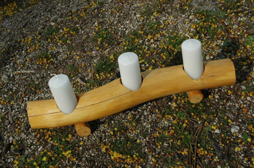 Castiçal Rústico de 3 velas em Madeira Acácia - Decoração Casa/Evento