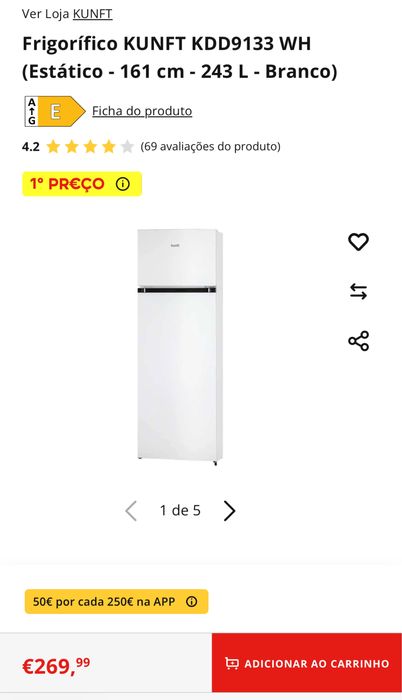 Frigorífico KUNFT KDD9133 WH (Estático - 161 cm - 243 L - Branco)