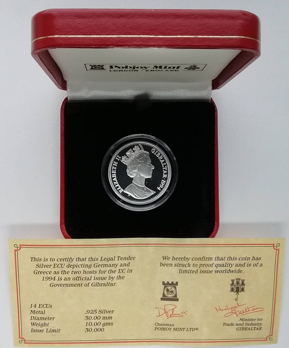 Гібралтар 14 екю 1994р. СРІБЛО. Оригінал. Сертифікат.