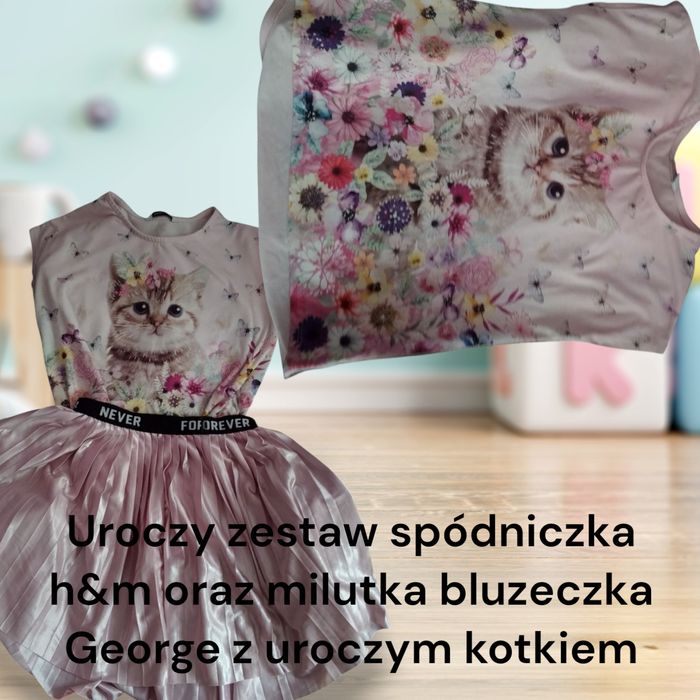 Uroczy zestaw dla dziewczynki 134/140 spóniczka i bluzeczka z kotkiem