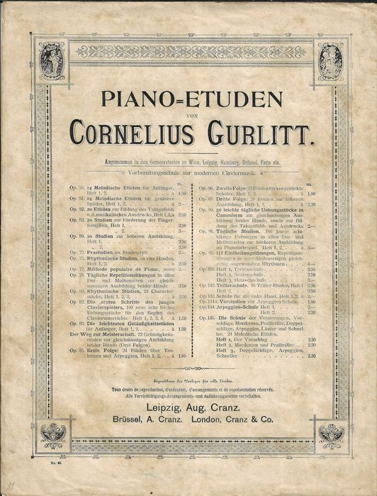 PIANO: Partitura de Coleção: C. Gurlitt Op.54 Nº 1 - Ed. Aug. Cranz - Carimbo Lambertini
