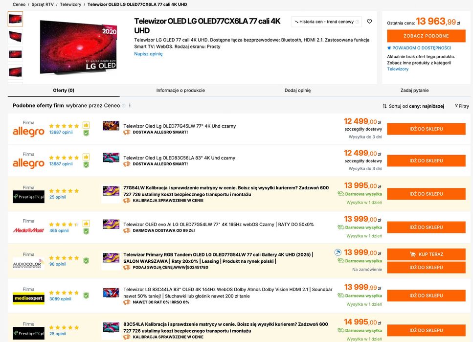 Telewizor LG OLED77CX6LA 77" - Stan idealny!