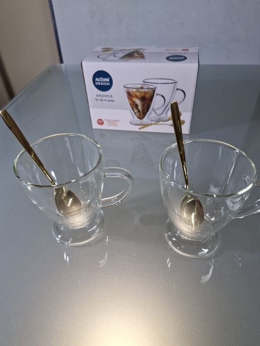 Komplet Dwóch Szklanek Termicznych 300 ml + Dwie Złote Łyżeczki