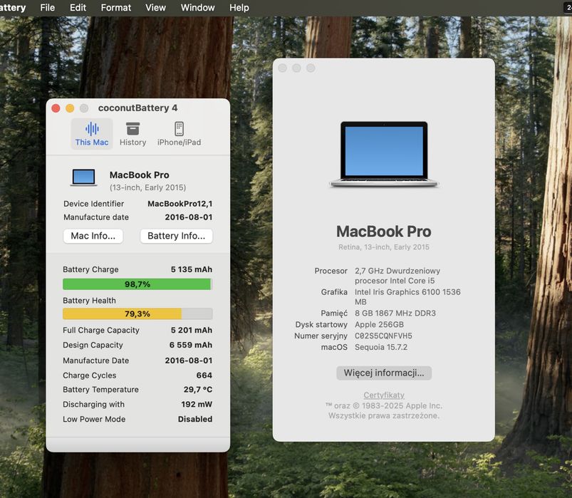 Zadbany apple MacBook Pro 13” retina ssd 250GB  sequoia