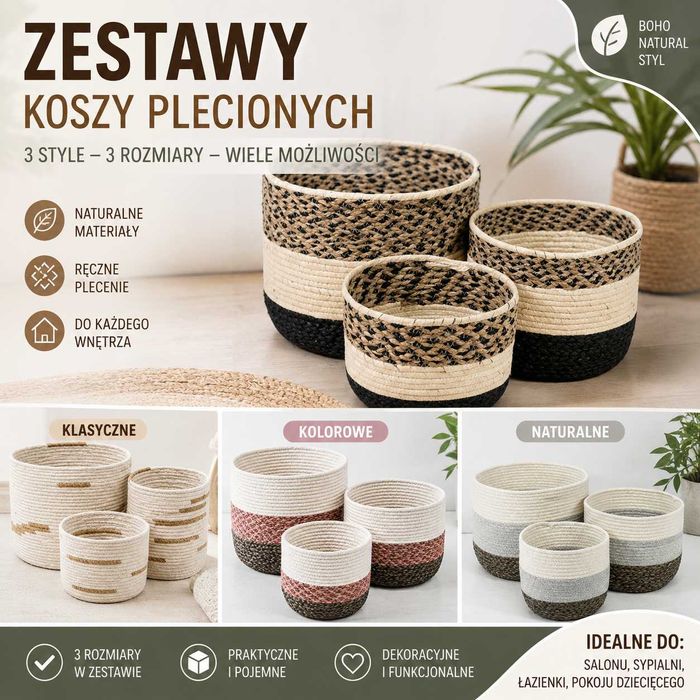 Zestaw koszy plecionych, osłonki na doniczkę, kosze materiałowe