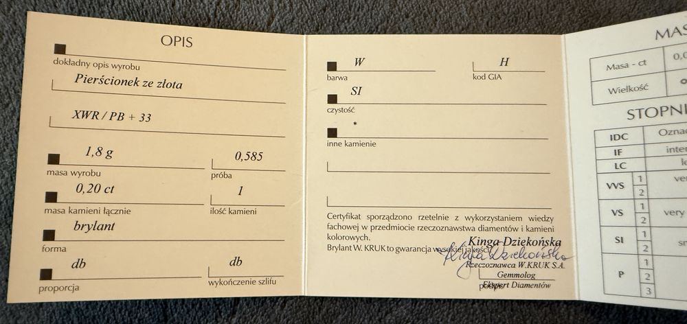 Pierscionek zareczynowy „JEDYNY” od W. Kruk