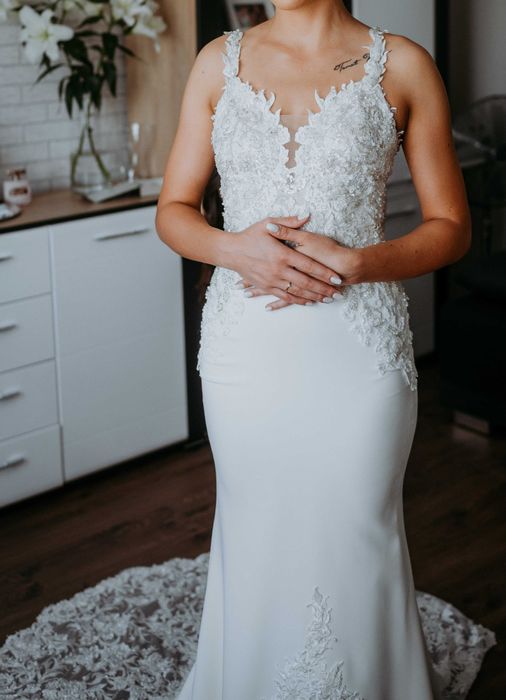 Suknia ślubna ecru syrenka tren XS/S 34/36