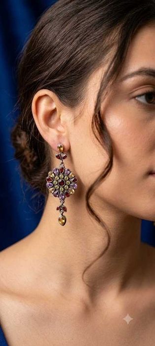 Винтажные серьги-подвески из стерлингового серебра с множеством драгоценных камней