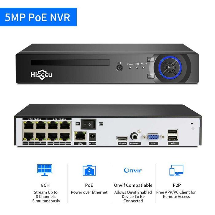 KIT Vigilância POE 8 Cameras 5MP • IP67 Exterior • Visão Noturna