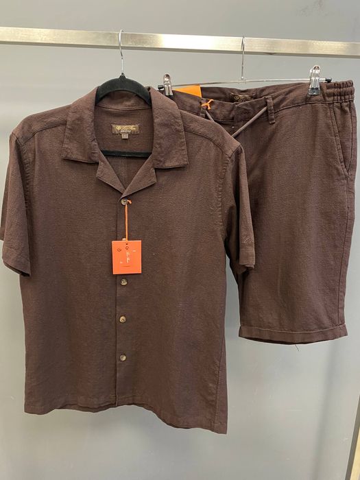 Костюм Мужской льняной Коричневый LORO PIANA Brown! Чоловічий Лляний Костюм ЛОРО ПІАНА Сорочка + Шорти! Преміум Якість! Костюм чоловічий Літній ЛЬОН!