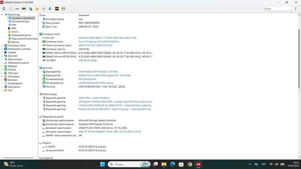 Asus TUF A15 FA507NU 15.6" 144Hz sRGB 100% Ryzen 7 7735HS 16/512 Гб SSD RTX 4050 6Гб 140Вт Ігровий , Гарантія