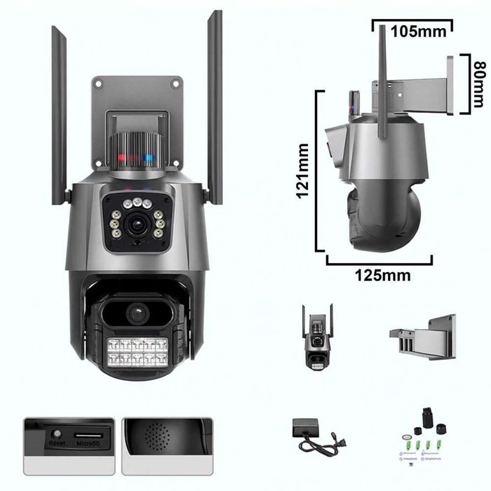 Podwójna kamera obrotowa WiFi Detekcja Audio Zewnętrzna IP UHD 6MPx