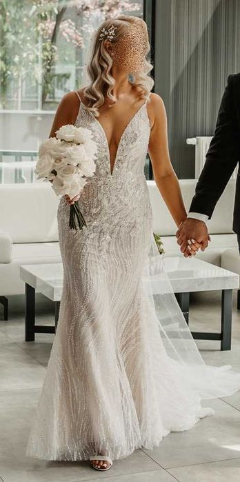 Luksusowa suknia ślubna rybka/syrenka, koronka z perełkami