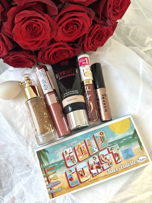 Zestaw kosmetyków paleta cieni the balm rozświetlacz róż loreal podkład cień morphe eveline wibo