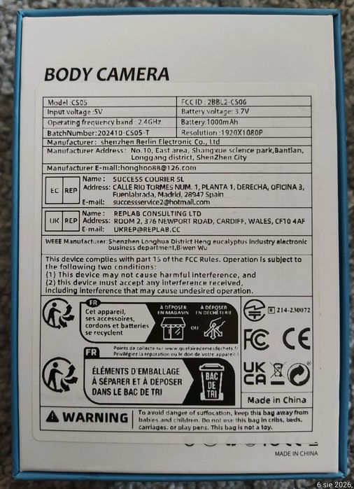 Kamera nasobna typu Body Camera CS05