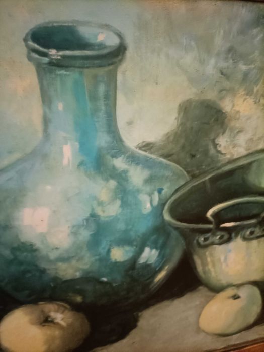 Quadro Antigo – Natureza-Morta com Louça e Fruta