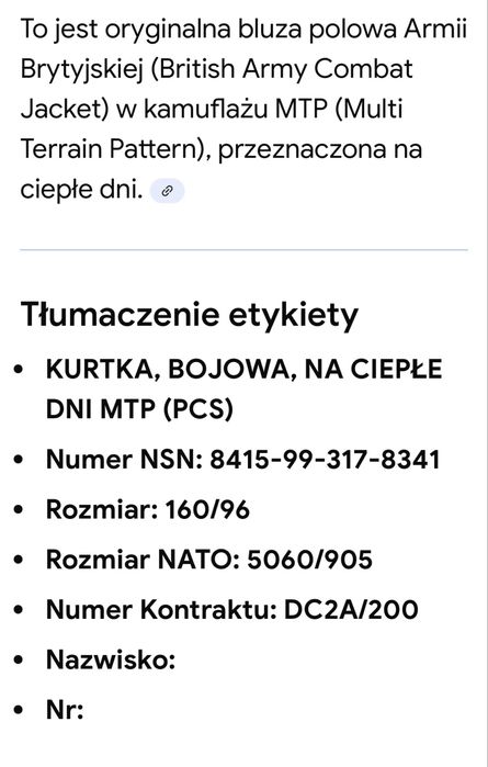 Bluza munduru ćwiczebnego MTP