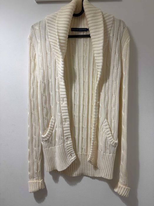 Kardigan sweter Ralph Lauren śmietankowy kremowy gruby splot S