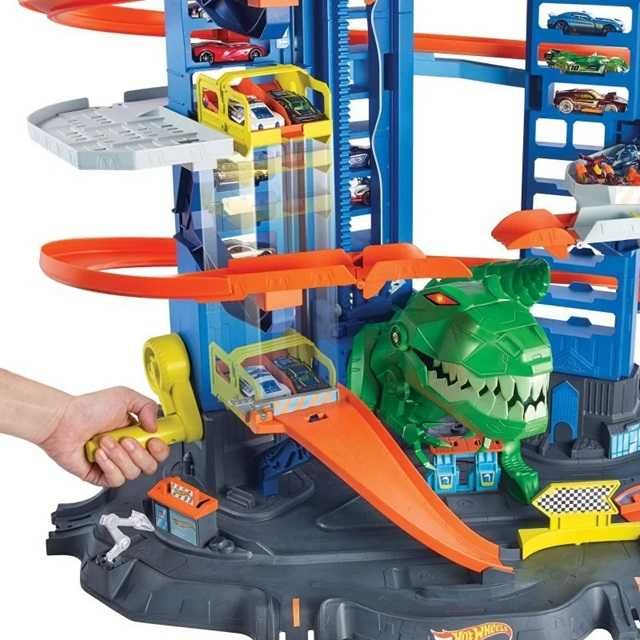 HOT WHEELS Garaż Z Windą T-REX + Zakręcona Mega Myjnia + Rollercoaster