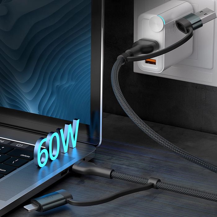 Kabel 3mk Hyper Cable N-SERIES 2 in 2 USB-A / USB-C i USB-C / Lightning 1.2m QC 3.0 9V/2A 60W - czarny