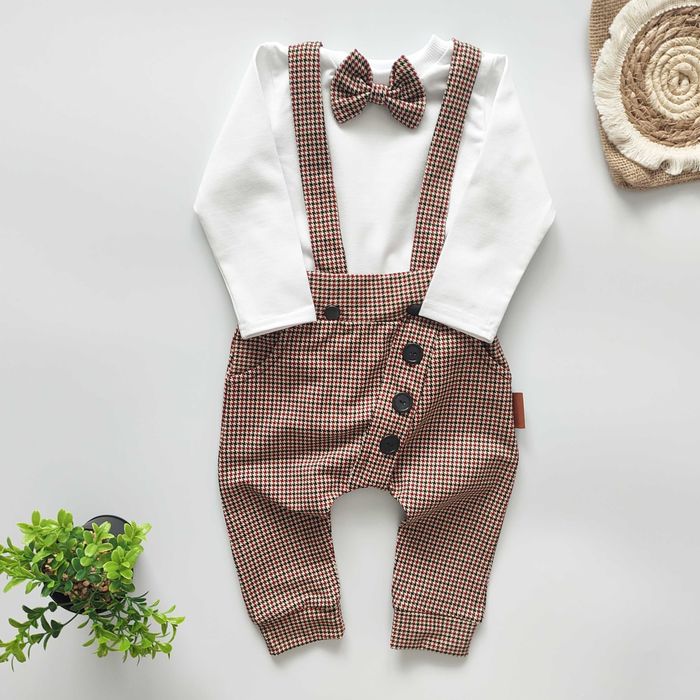 Elegancki KOMPLET chłopięcy, modny GARNITUR bordo beż mucha szelki 92