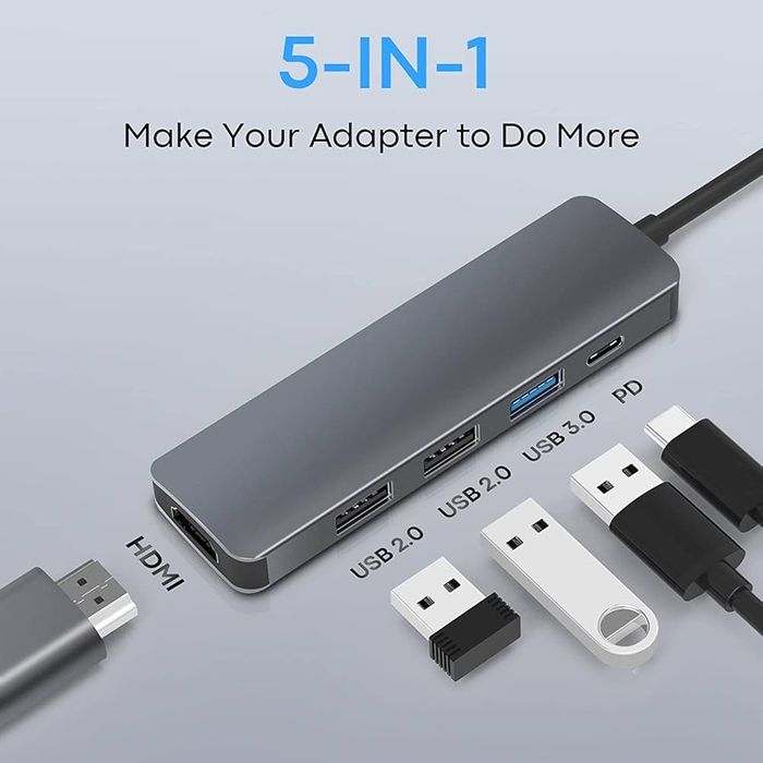 Adapter USB C 5 w 1, z wyjściem HDMI 4K