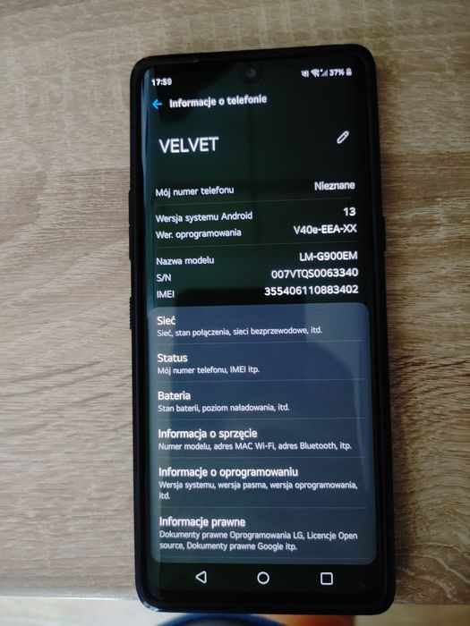 LG Velvet 5g aurora grey  wersja europejska