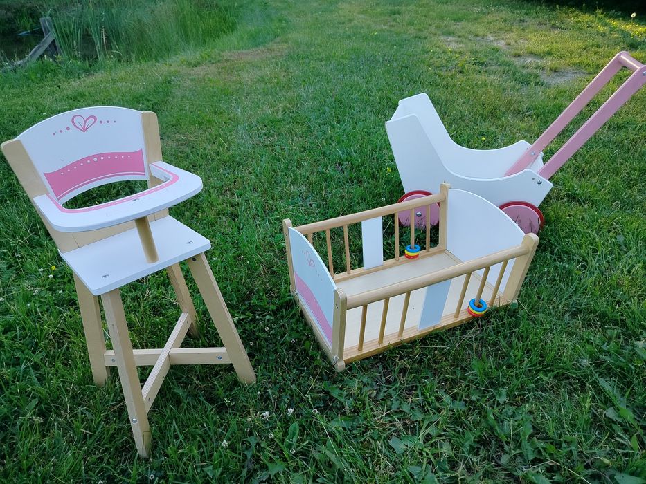 HAPE drewniane mebelki dla lalki kołyska wózek krzesełko