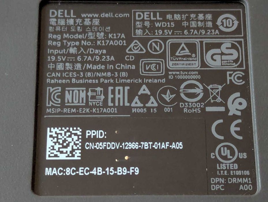 Док-станція Dell WD15 K17 K17A Thunderbolt USB-C 4K