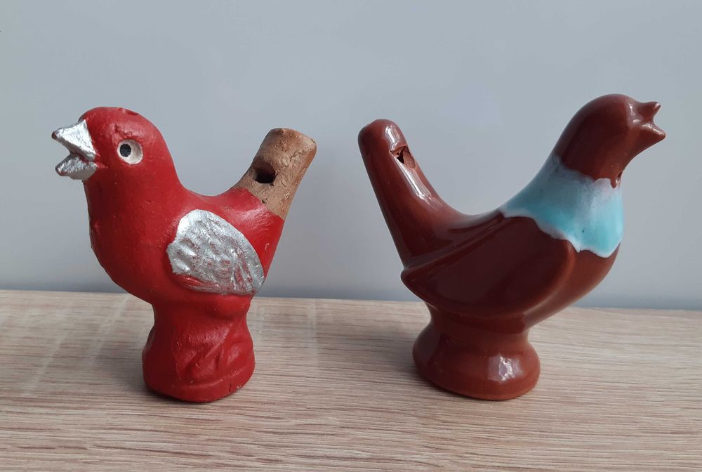 Gliniany ptaszek, gwizdek,  pamiątka PRL, 2 szt.