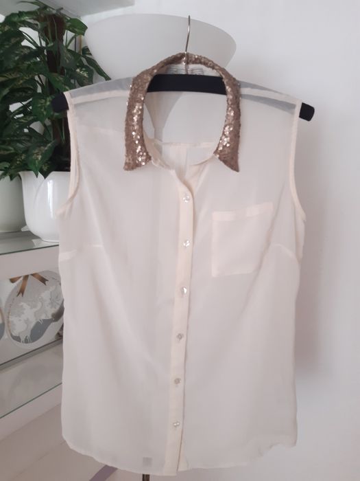 CAMEO ROSE kremowa elegancka bluzka koszula biurowa cekiny S M 36 38