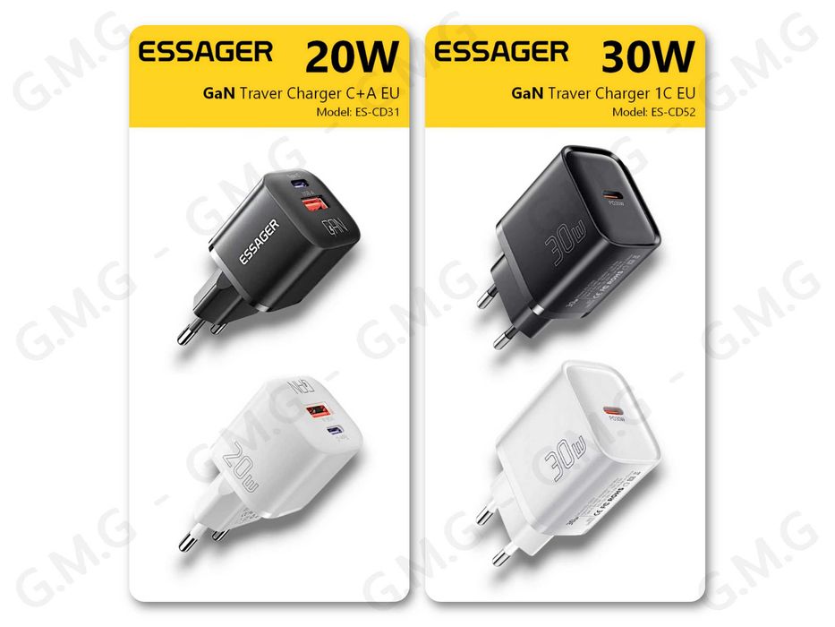 Зарядні пристрої ESSAGER GaN 20W C+A (ES-CD31) / GaN 30W 1C (ES-CD52)
