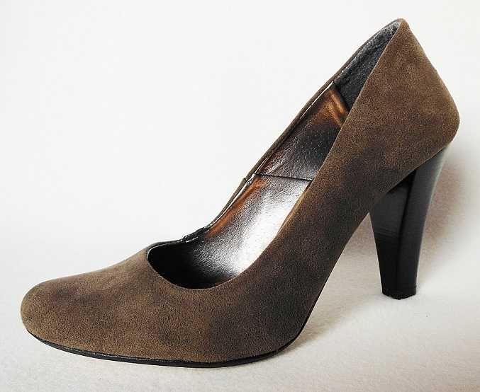 NOWE 36 buty czółenka szpilki czekoladowe zamszowe słupek olko but