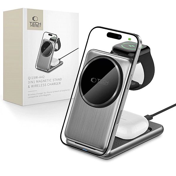 Tech-Protect Qi15W-A42/3In1 Magnetic Magsafe Wireless Charger Space Gr