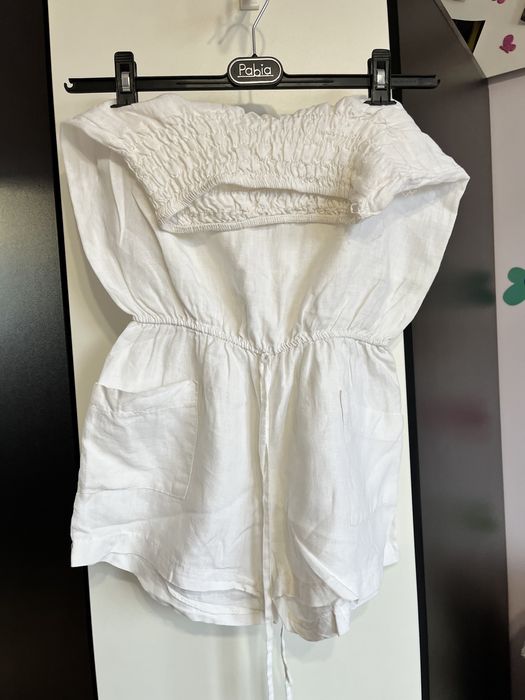 lniany biały kombinezon spodnium krótkie spodenki z kieszeniami xs