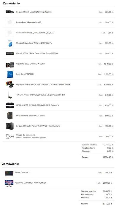 Komputer gamingowy i7-12700K / RTX 3080 / 32GB / 1TB / Monitor4K 144Hz