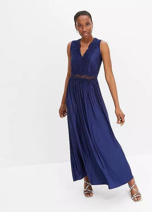 B.P.C sukienka granatowa maxi z ażurową koronką r.36/38