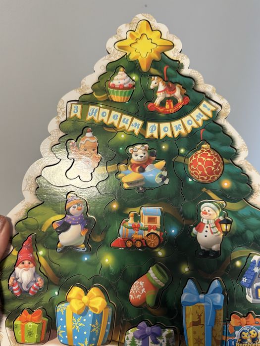 Дерев'яний пазл-вкладиш з підказкою "Новорічна ялинка"