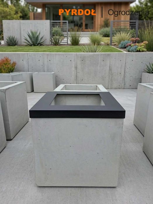 Betonowa donica z metalową nakładką – nowoczesny kosz miejski 50x50x50