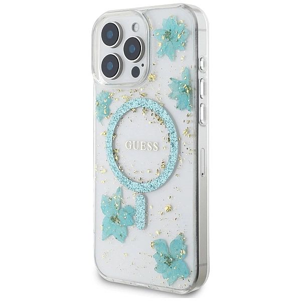 Etui Guess Resin Flowers Glitter MagSafe na iPhone 16 Pro - przezroczy