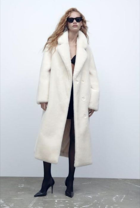 Довга шуба з штучного хутра zara