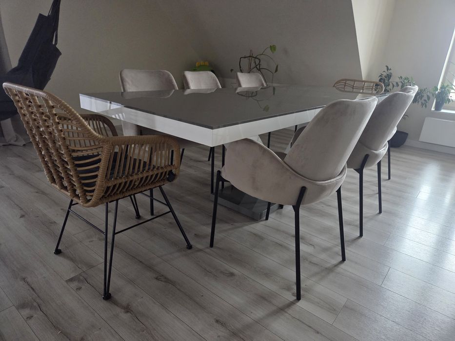 Szary stół do jadalni połysk 160 260 białe nogi victoria jadalniany