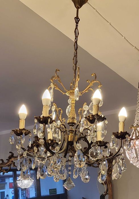 Żyrandol mosiężny, sześciogilzowy z kryształami Murano