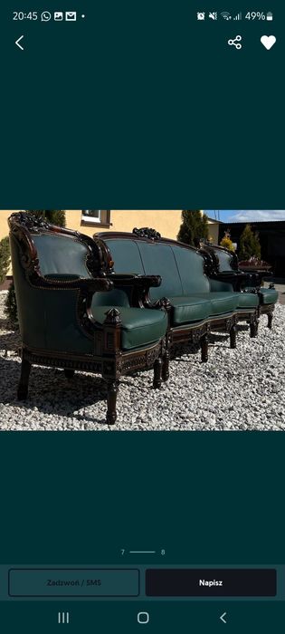 Komplet w stylu ludwikowskim skóra naturalna antyk  butelkowa zieleń