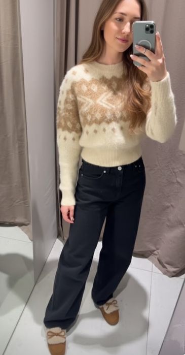 Zara sweter z mechatej dzianiny s 36 kremowy norweski print