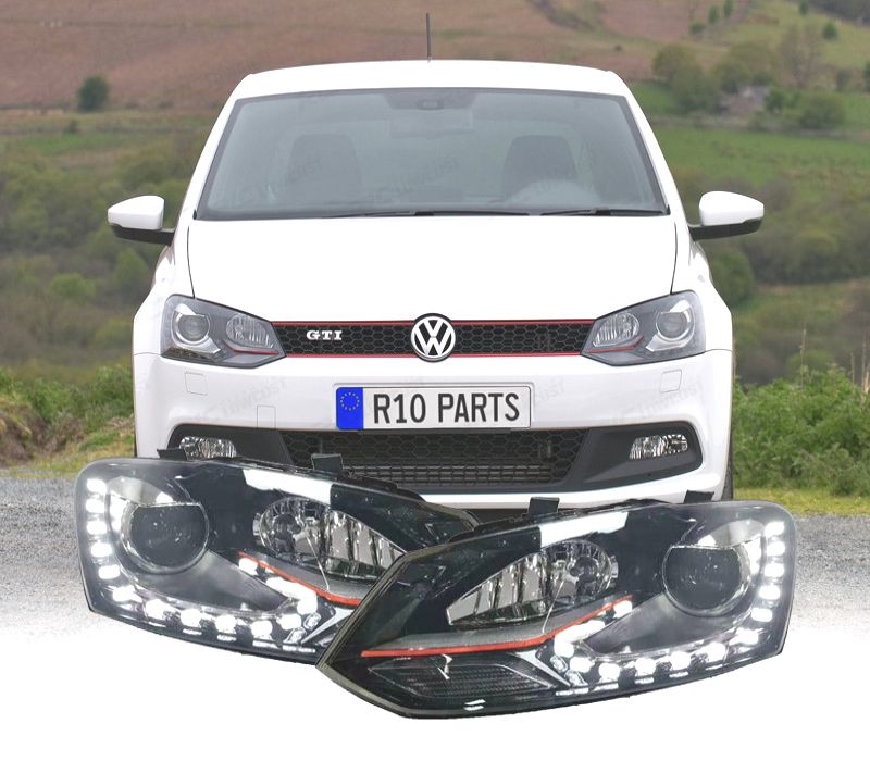 FARÓIS VOLKSWAGEN POLO 6R 6C 09-17 LOOK GTI VERMELHO