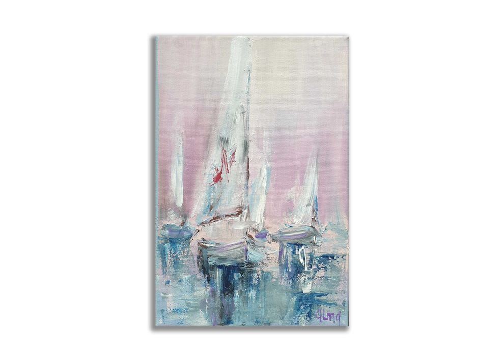 Obraz ręcznie malowany  20x30cm żagle morze