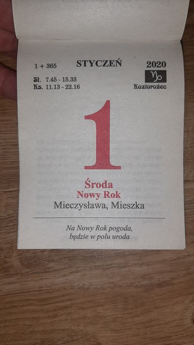 Kartka z kalendarza zdzieraka 2020 rok